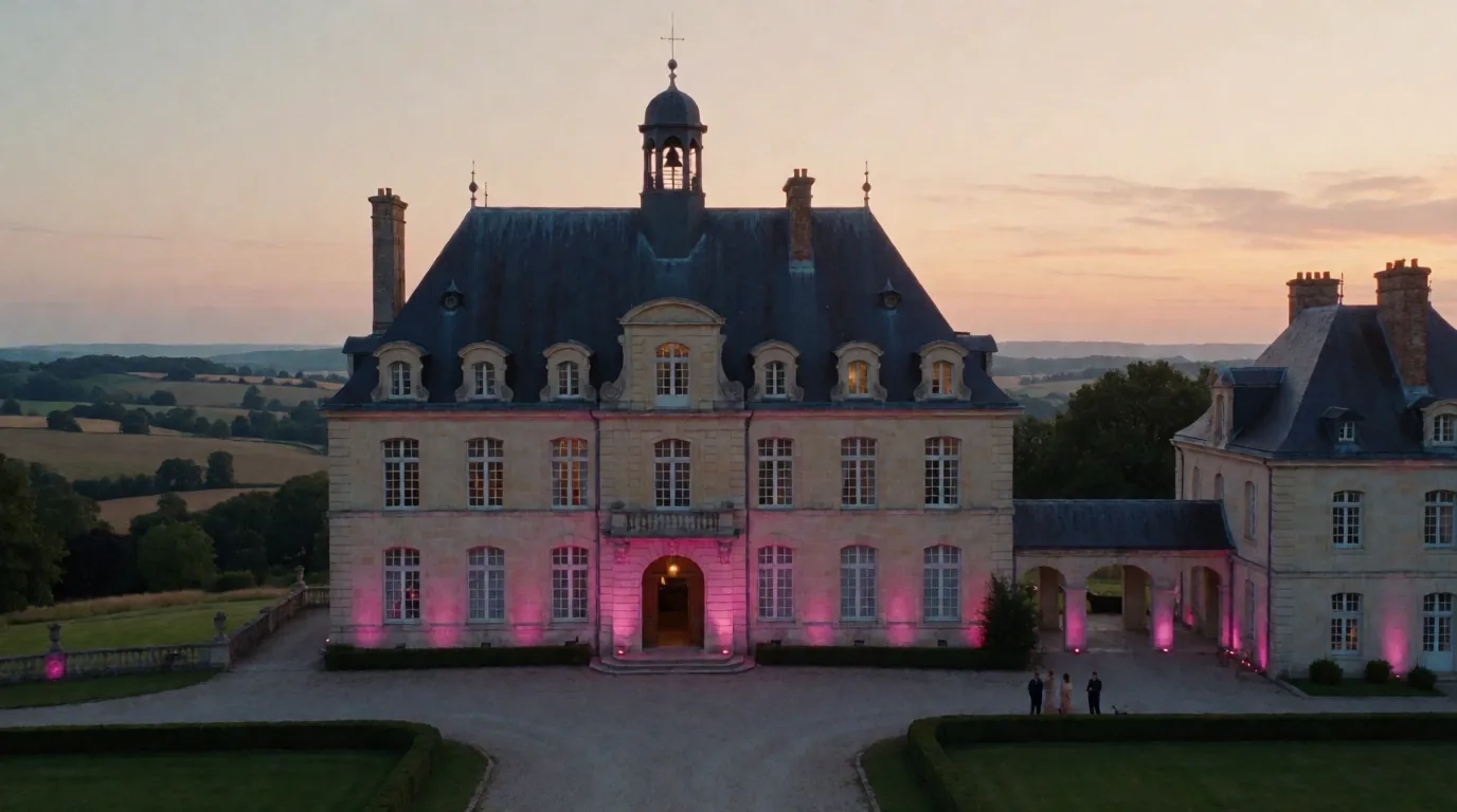 Façade du Manoir Eldoranix à Toulouse sous un éclairage fuchsia